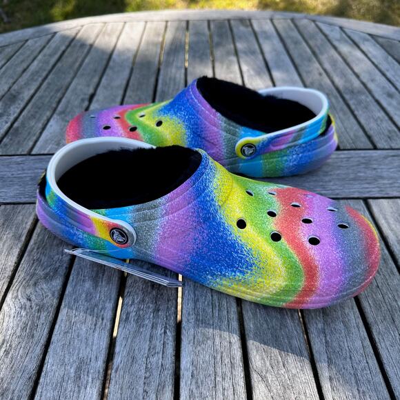 Crocs Classic Lined Mens 10 W 12 Clogs Spray Rainbow Tie Dye Slip On Shoes New - Picture 1 of 13